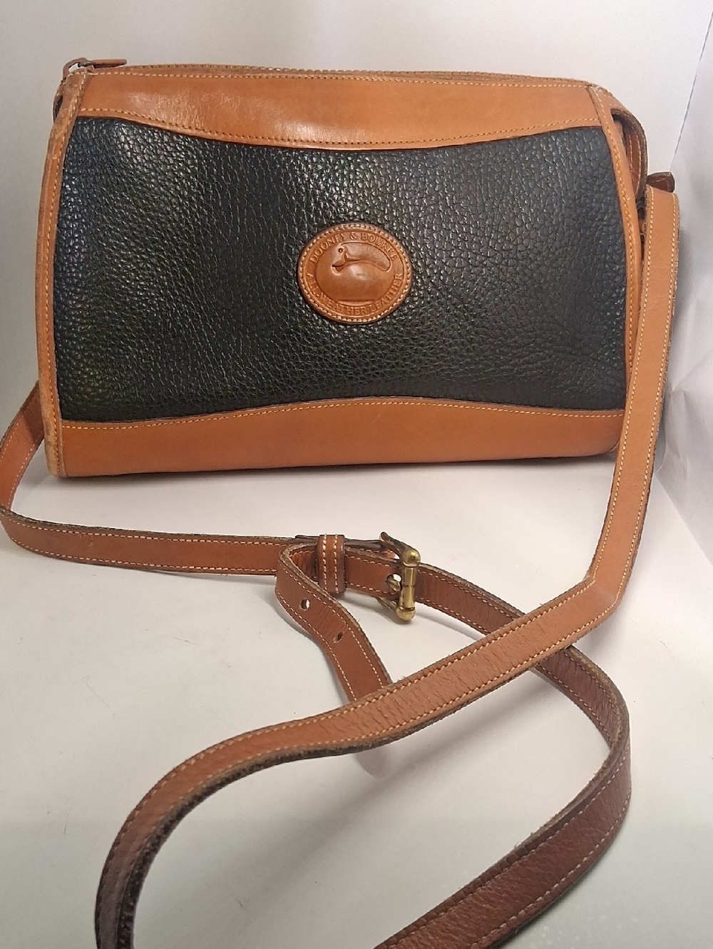 Vintage Dooney & Bourke Black Pebbled Leather Crossbody with Tan Trim